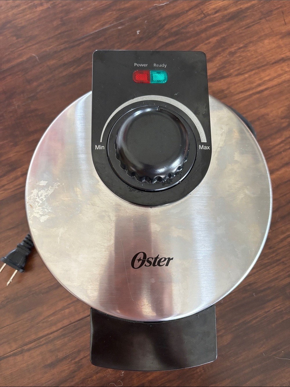Oster 8” Brushed Stainless Steel Waffle Maker in Silver & Black